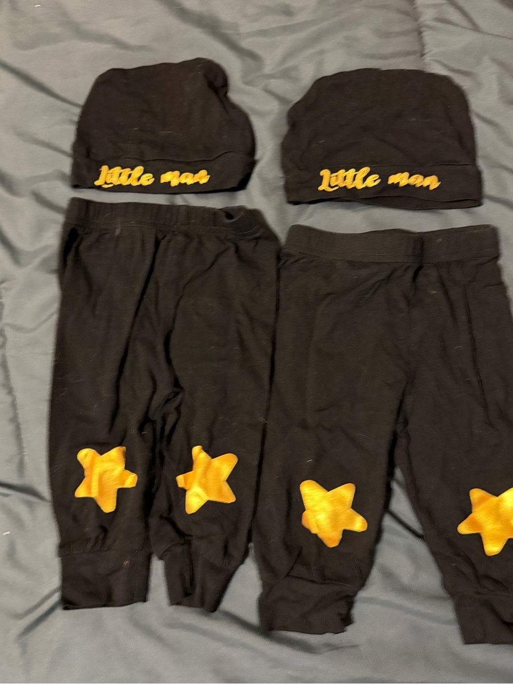 Black Baby Set with Gold Star Appliqués and 'Little Man' Beanies